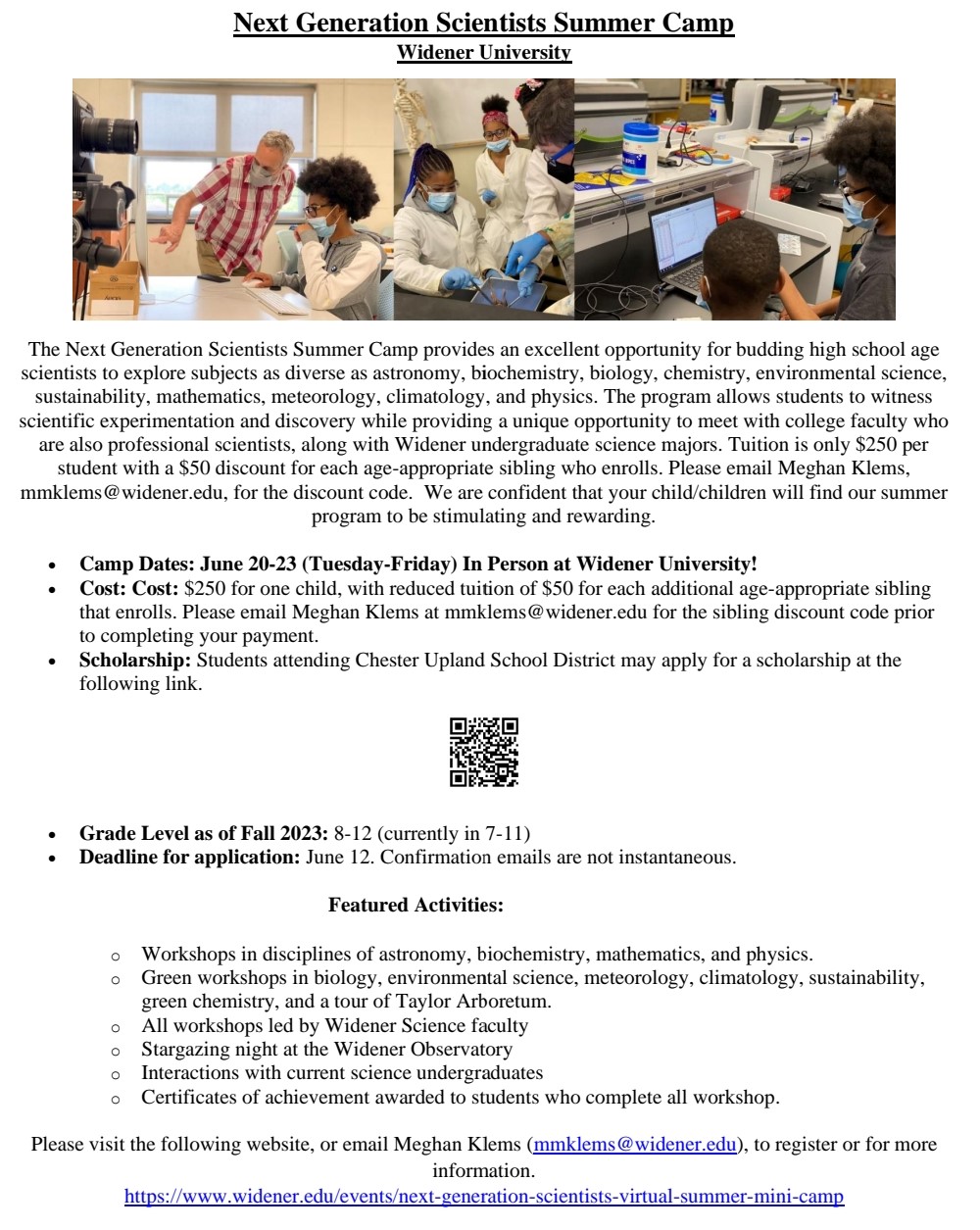 widener summer science camp